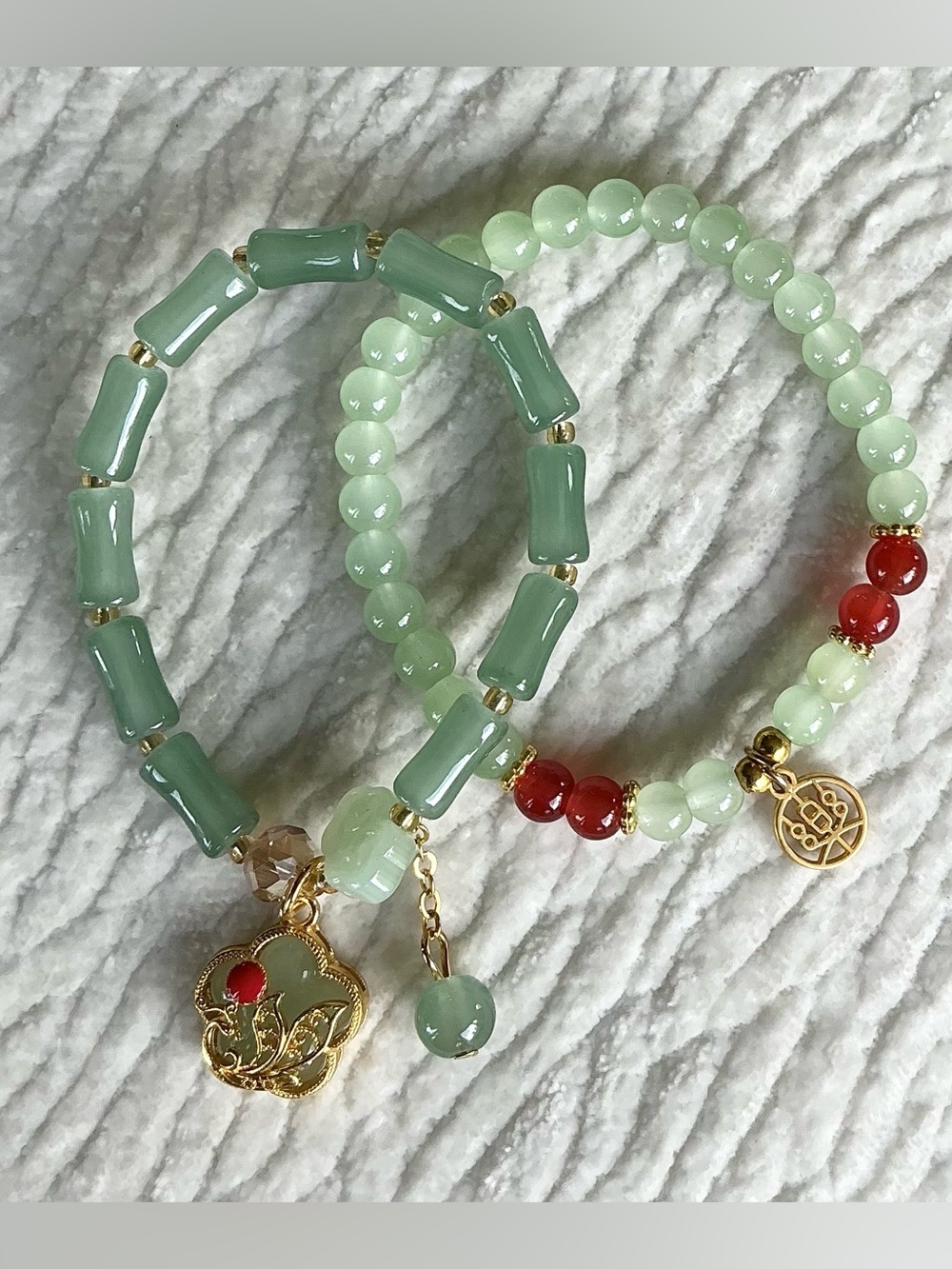 Aqua Beaded Stretch Bracelets with Gold accents - Cute Charms (Pair)